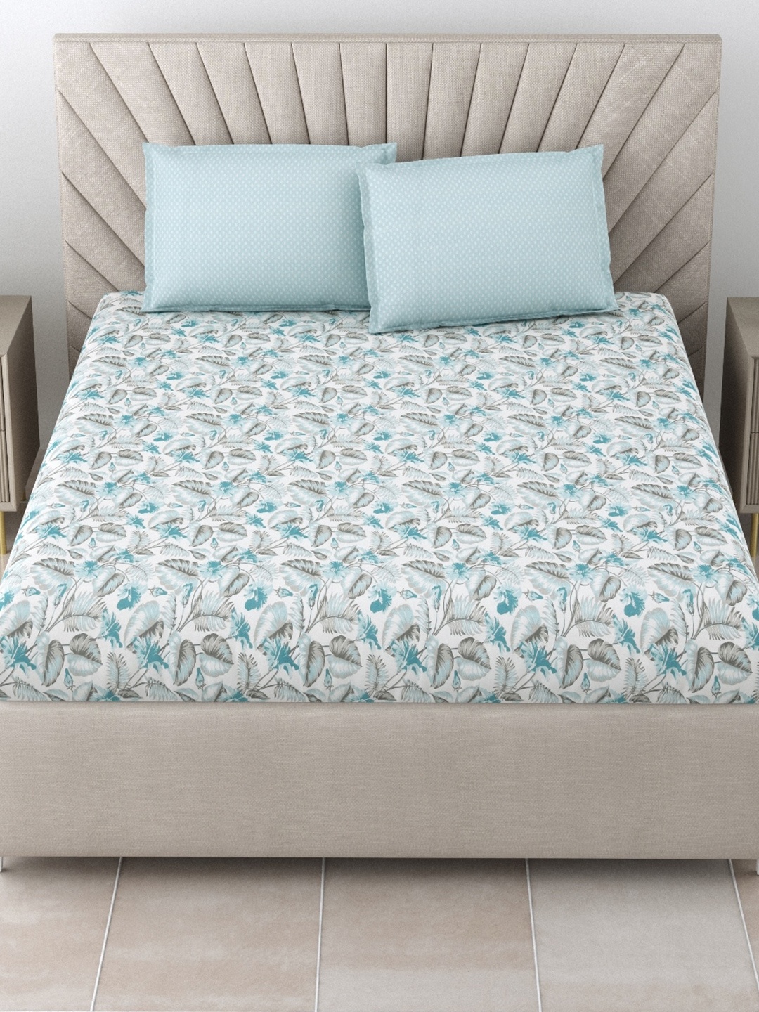 

Salona Bichona Blue & White Printed Cotton 144 TC Queen Bedsheet with 2 Pillow Covers