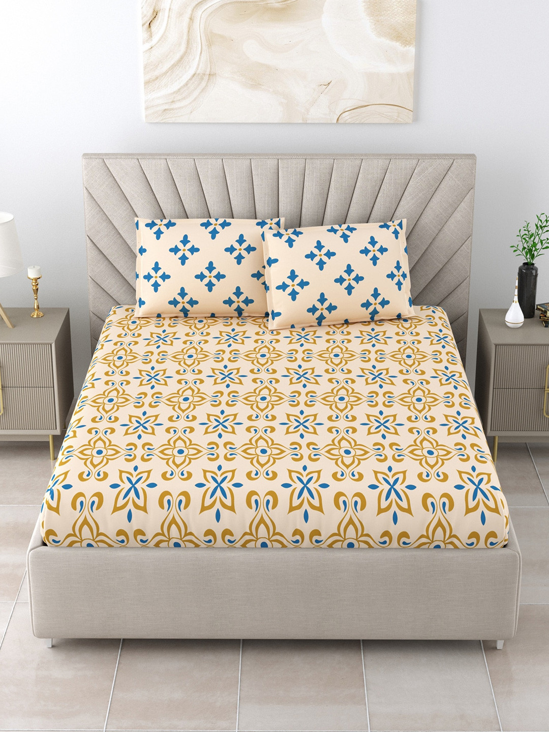 

Salona Bichona Beige & Blue Printed Cotton 120 TC Queen Bedsheet with 2 Pillow Covers