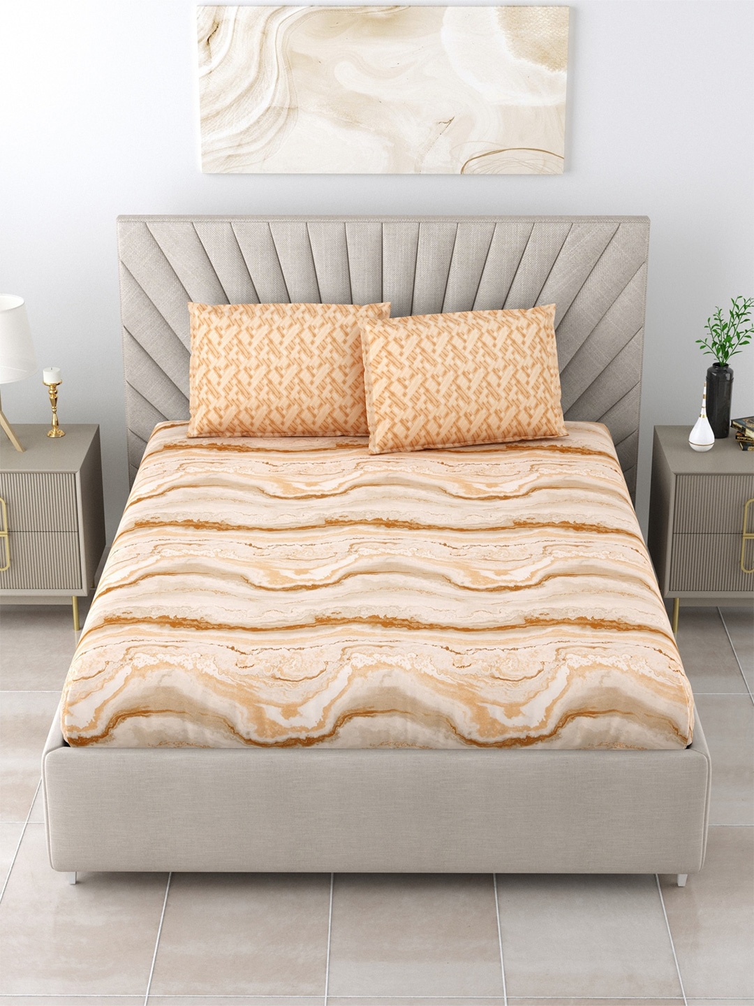 

Salona Bichona Gold-Toned & Brown Cotton 120 TC Queen Bedsheet With 2 Pillow Covers