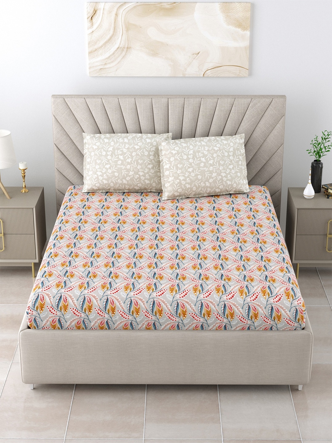 

Salona Bichona Grey & Brown Floral Cotton 120 TC Queen Bedsheet With 2 Pillow Covers
