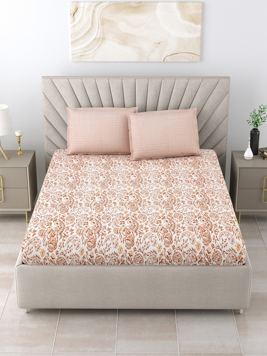 

Salona Bichona Cream-Coloured Ethnic Motifs Cotton 144 TC King Bedsheet & 2 Pillow Covers