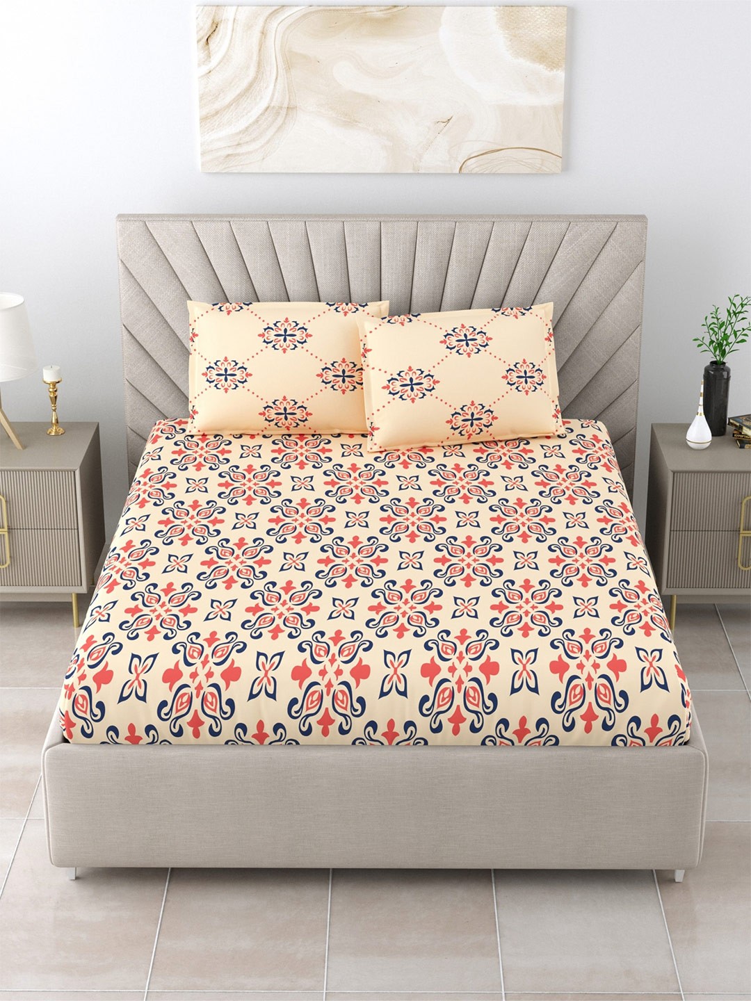 

Salona Bichona Peach-Coloured Ethnic Motifs Cotton 120 TC King Bedsheet & 2 Pillow Covers