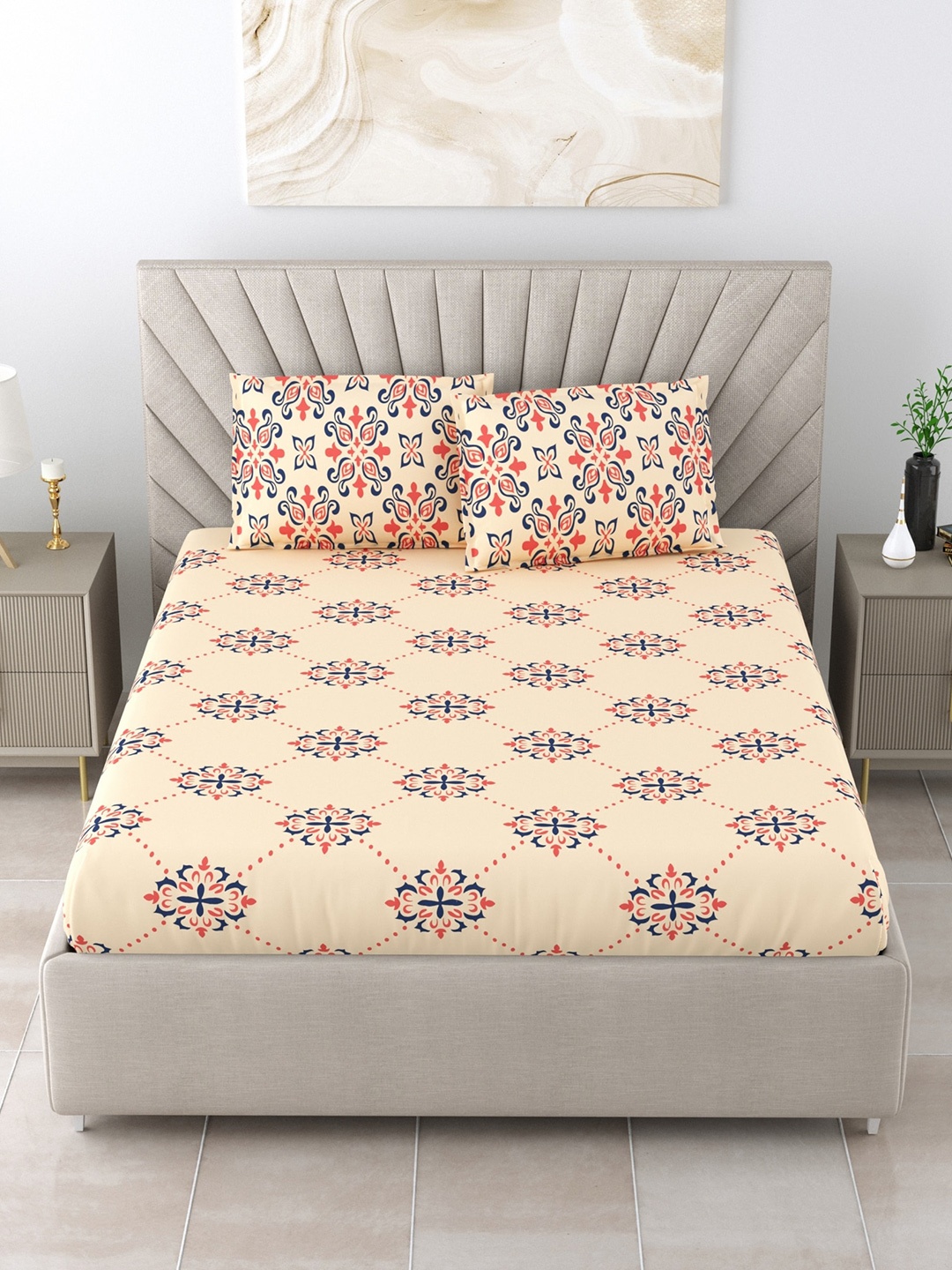 

Salona Bichona Peach-Coloured Ethnic Motifs Cotton 120 TC Queen Bedsheet & 2 Pillow Covers