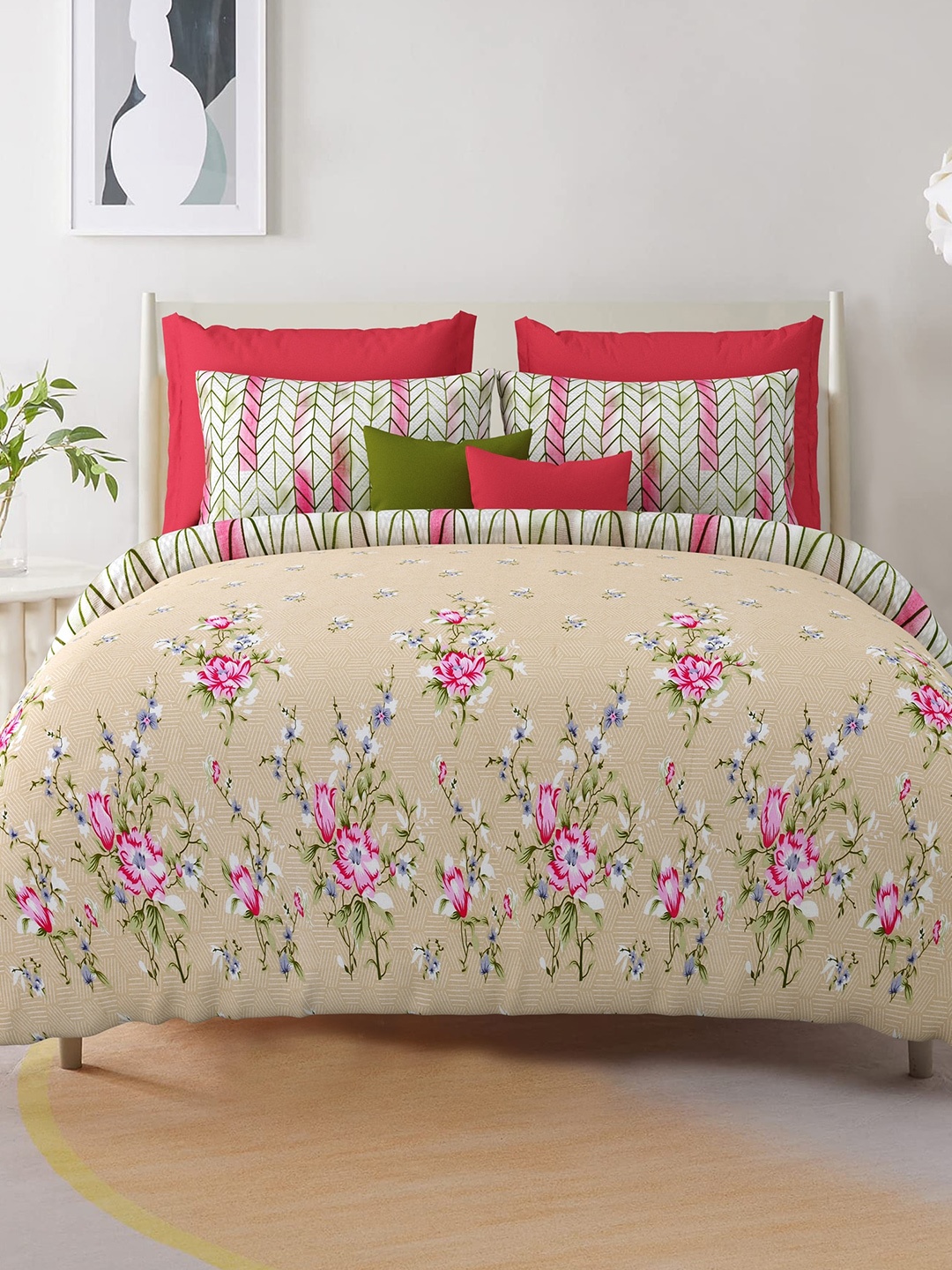 

Salona Bichona Beige & Pink Floral Cotton 144 TC Queen Bedsheet & 2 Pillow Covers