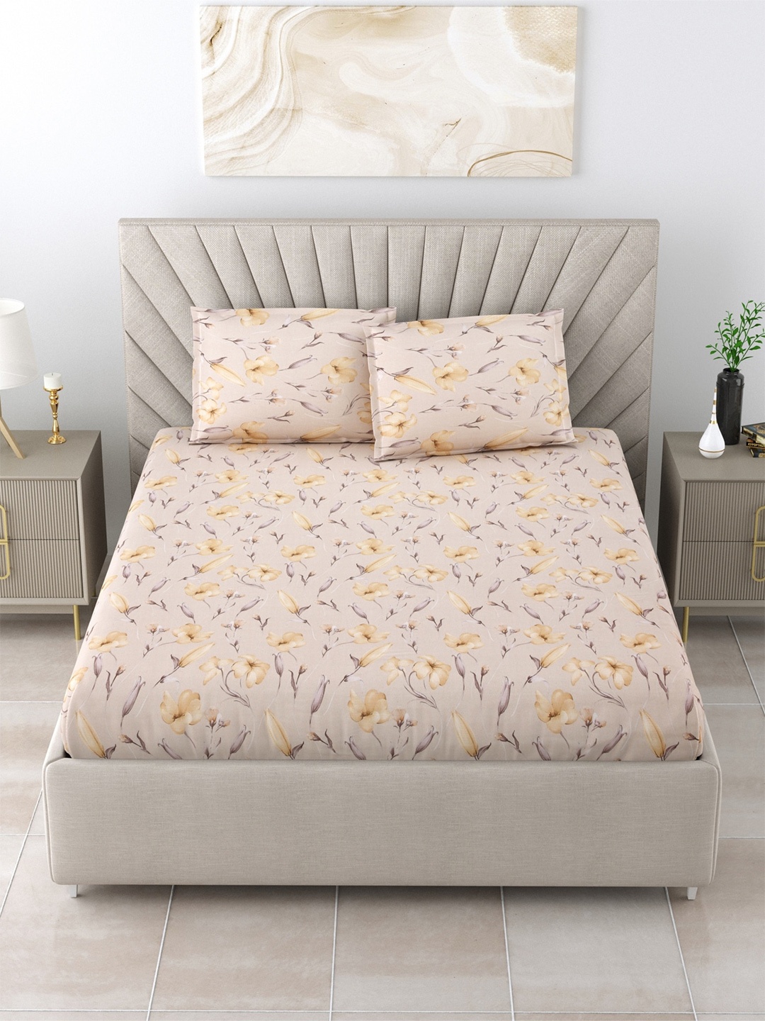 

Salona Bichona Beige Floral Pure Cotton 120 TC Queen Bedsheet with 2 Pillow Covers