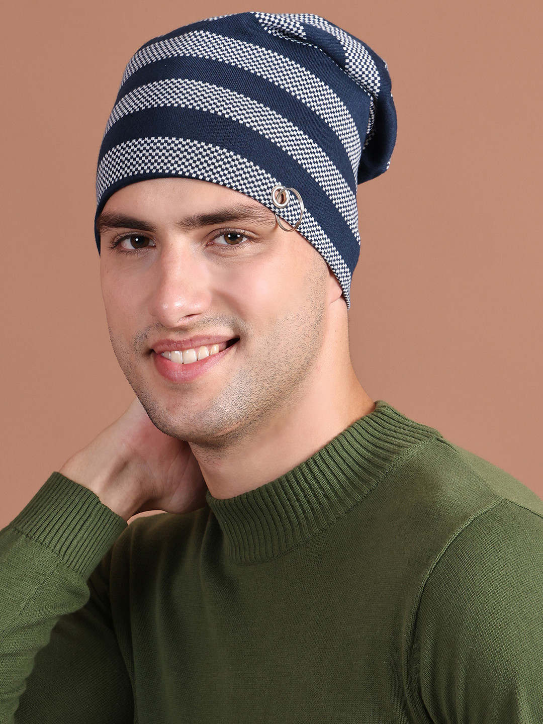 

MACK JONNEY Men Navy Blue & White Self Design Beanie