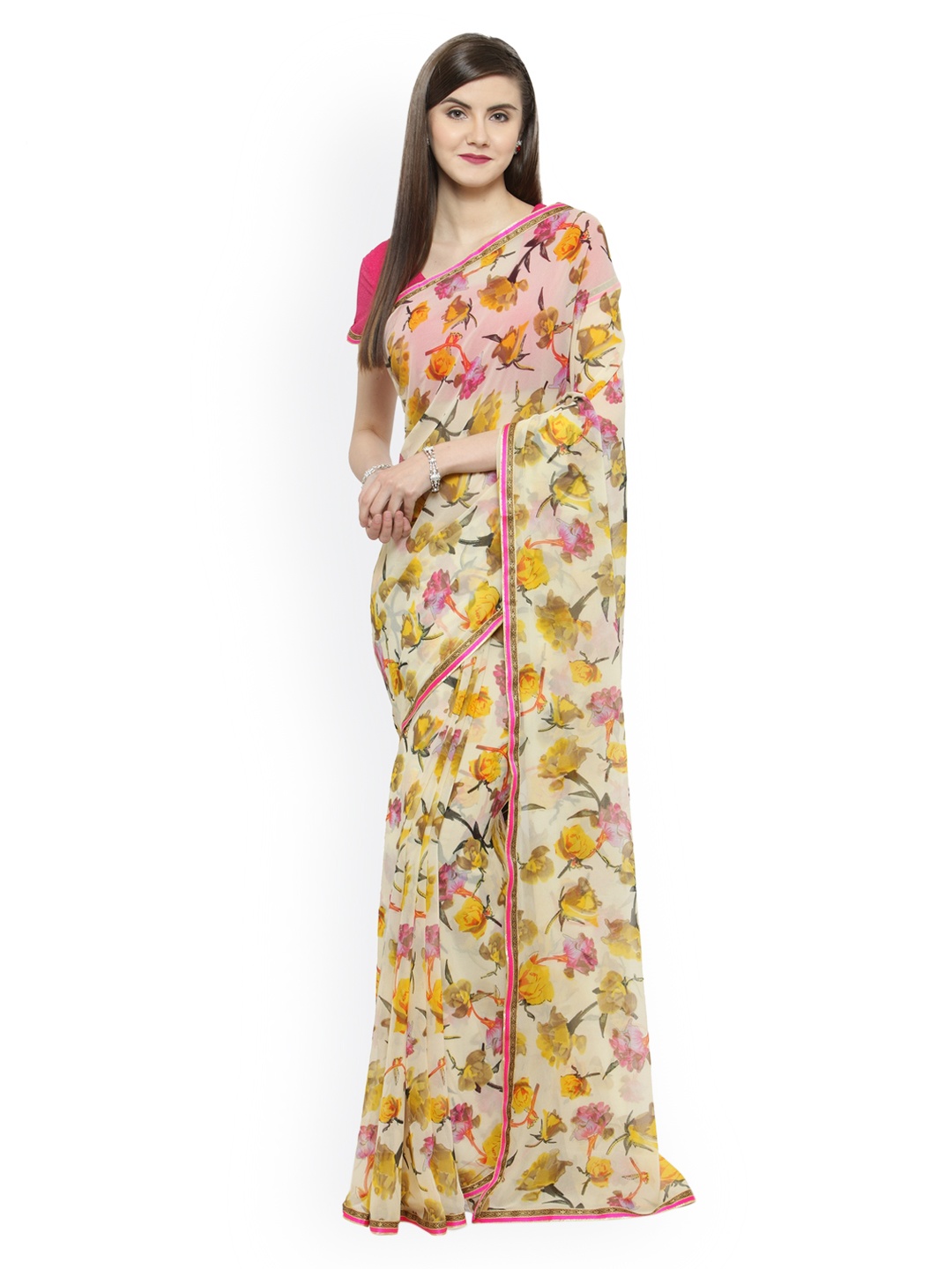 

Shaily Cream-Coloured & Pink Pure Georgette Printed Saree