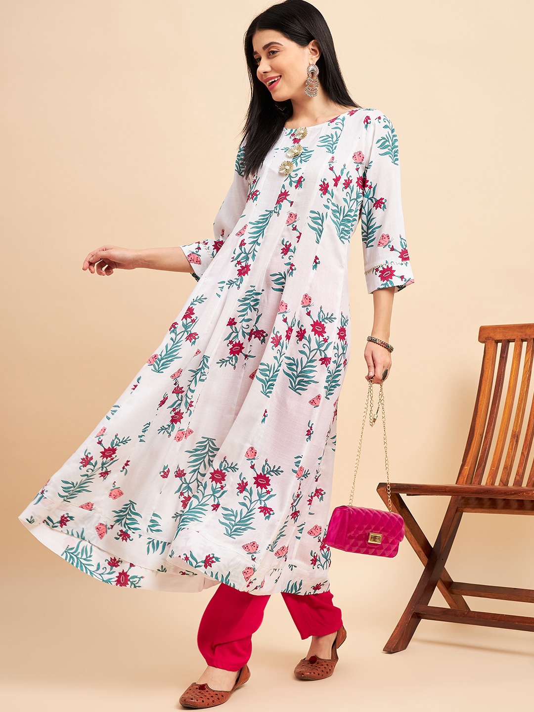 

One of a Kind Floral Printed Pure Cotton Anarkali Kurta, White