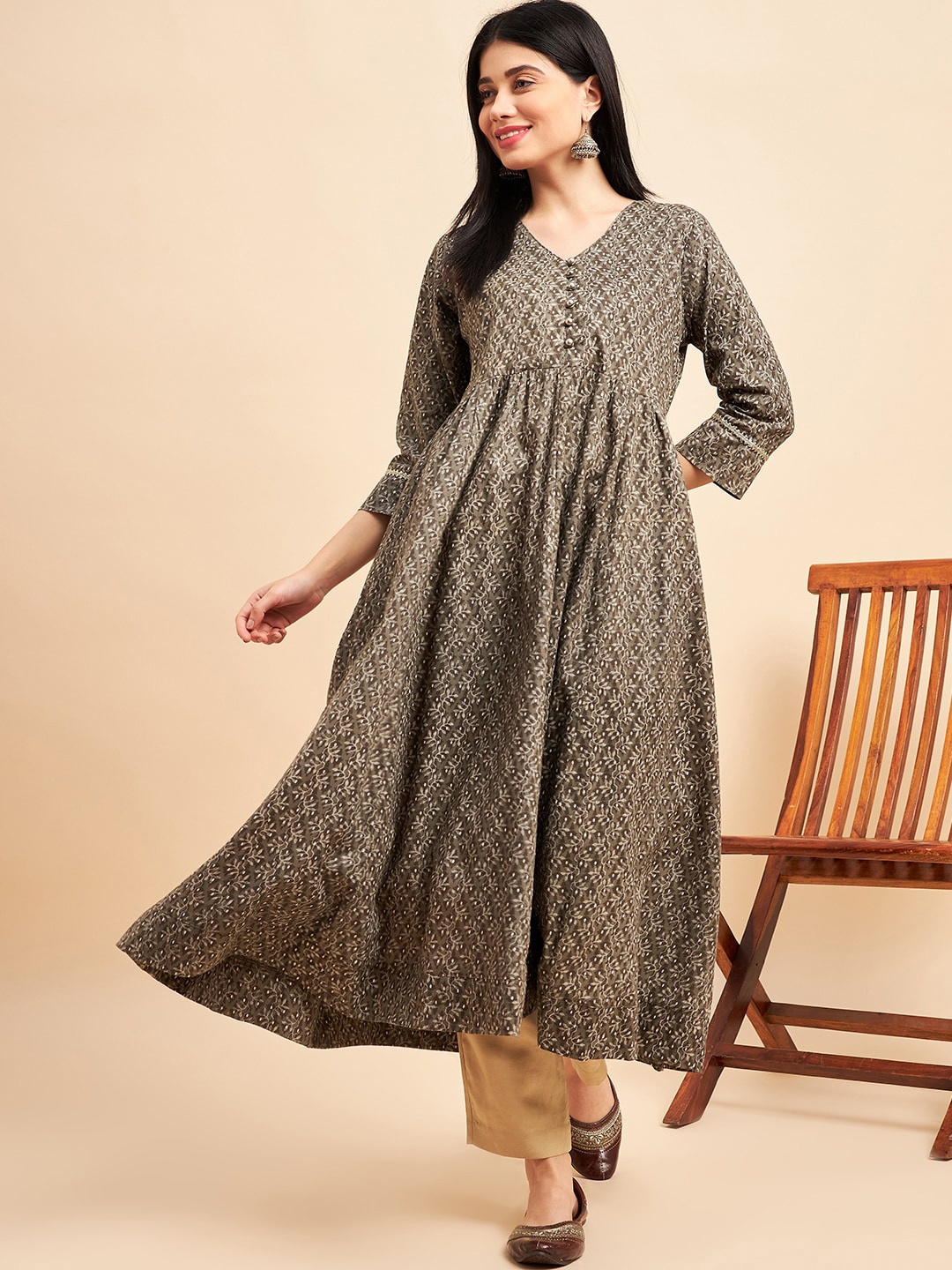 

One of a Kind Floral Printed Pure Cotton Anarkali Kurta, Olive