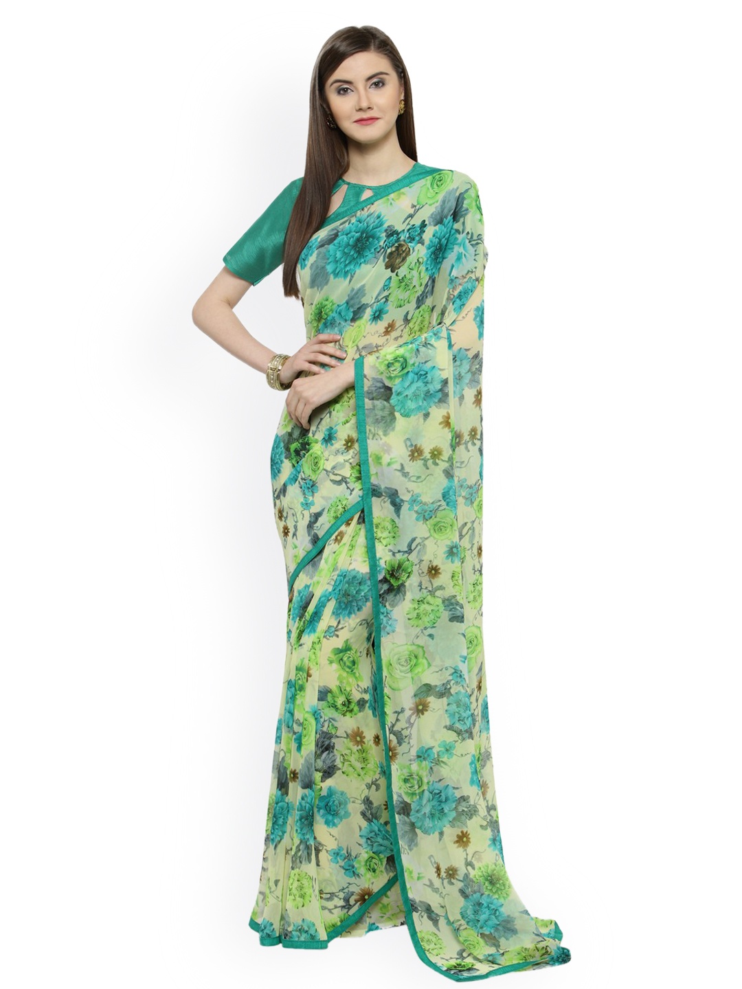

Shaily Green & Yellow Pure Georgette Printed Saree