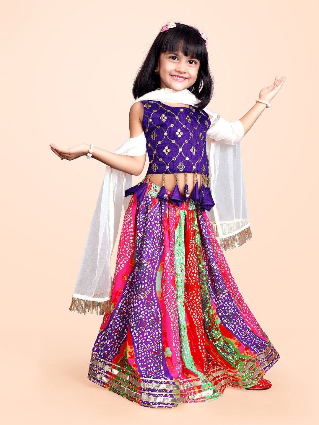 

BAESD Girls Bandhani Printed Mirror Work Ready to Wear Lehenga & Blouse With Dupatta, Purple