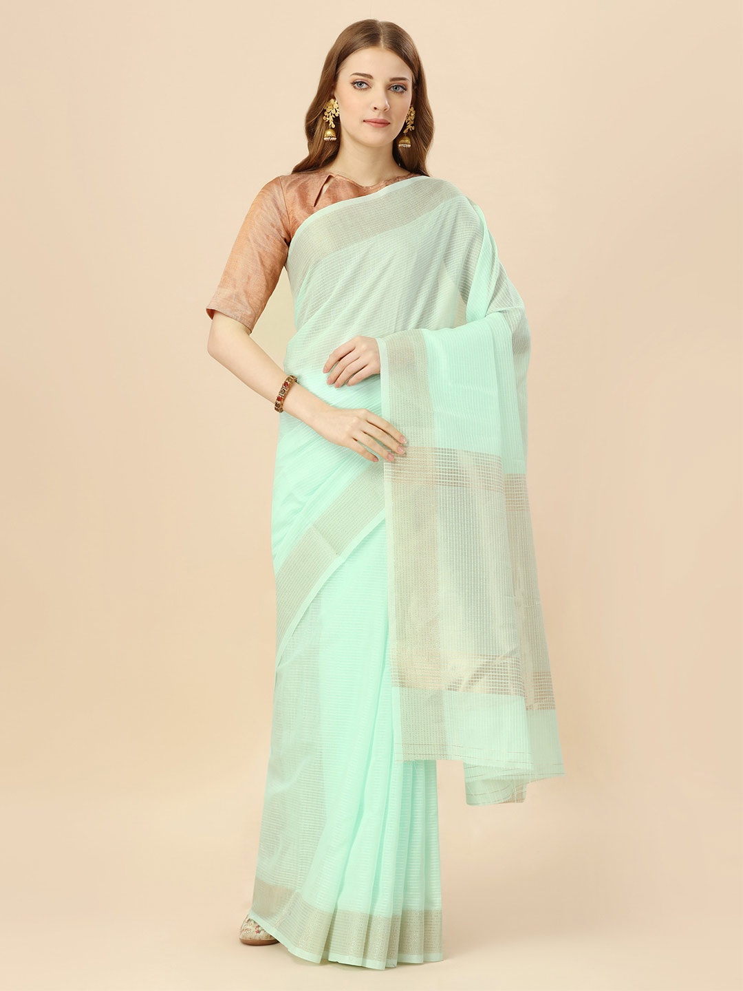 

MAGMINA Woven Design Zari Cotton Silk Banarasi Saree, Sea green