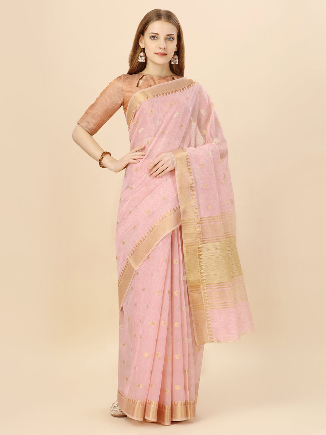 

MAGMINA Woven Design Zari Cotton Silk Banarasi Saree, Peach