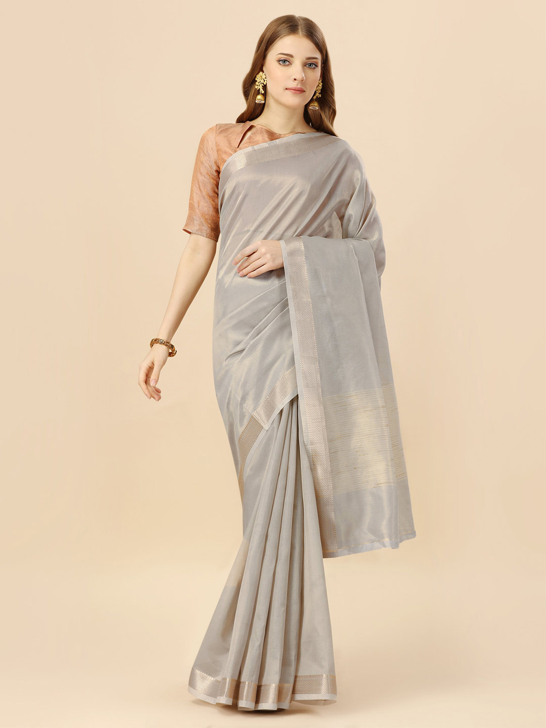 

MAGMINA Zari Cotton Silk Banarasi Saree, Grey