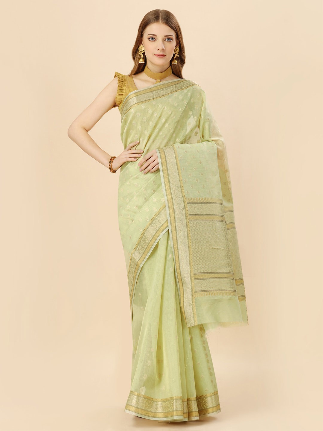 

MAGMINA Woven Design Zari Cotton Silk Banarasi Saree, Sea green