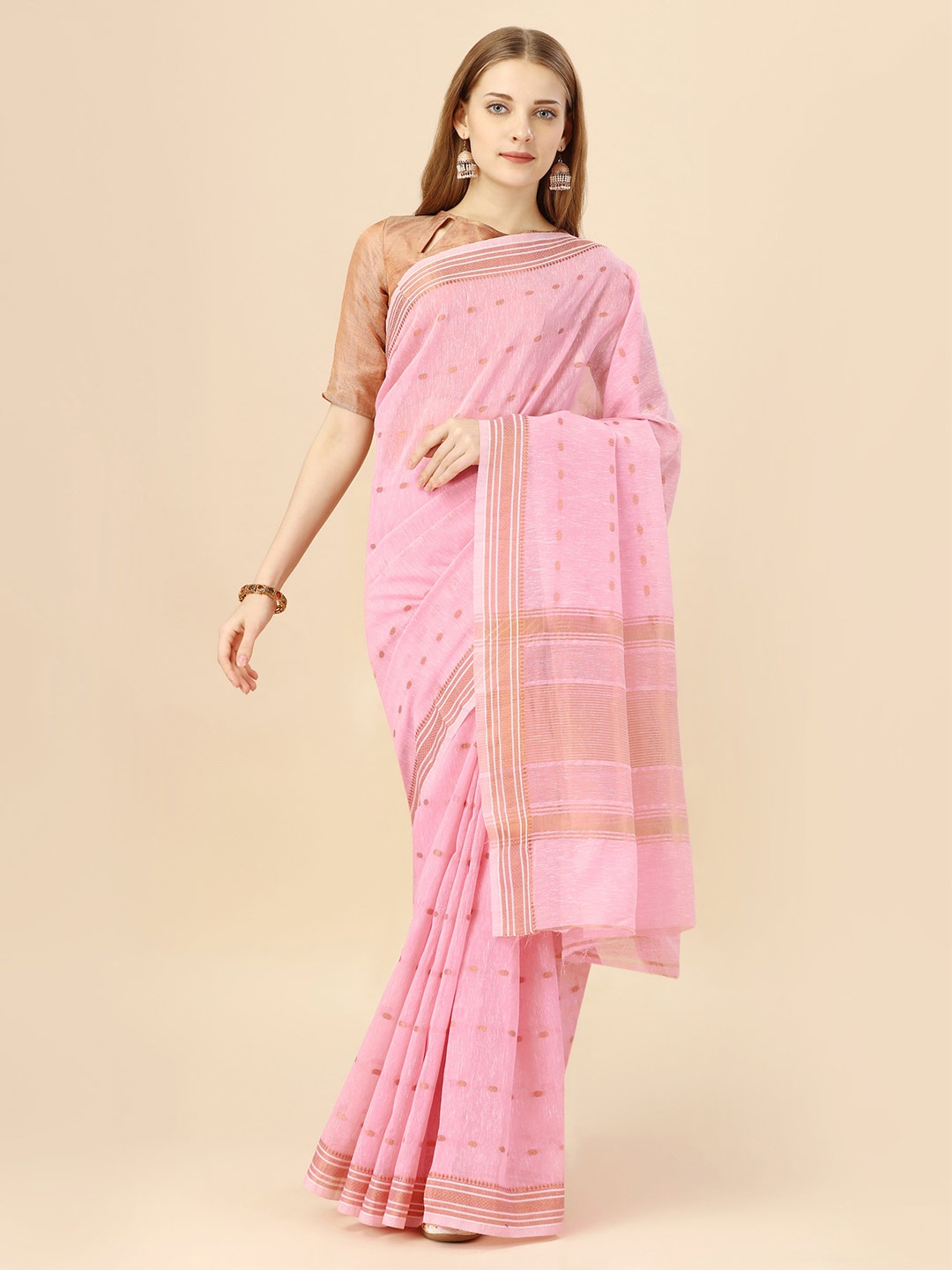 

MAGMINA Ethnic Motifs Zari Cotton Silk Banarasi Saree, Pink