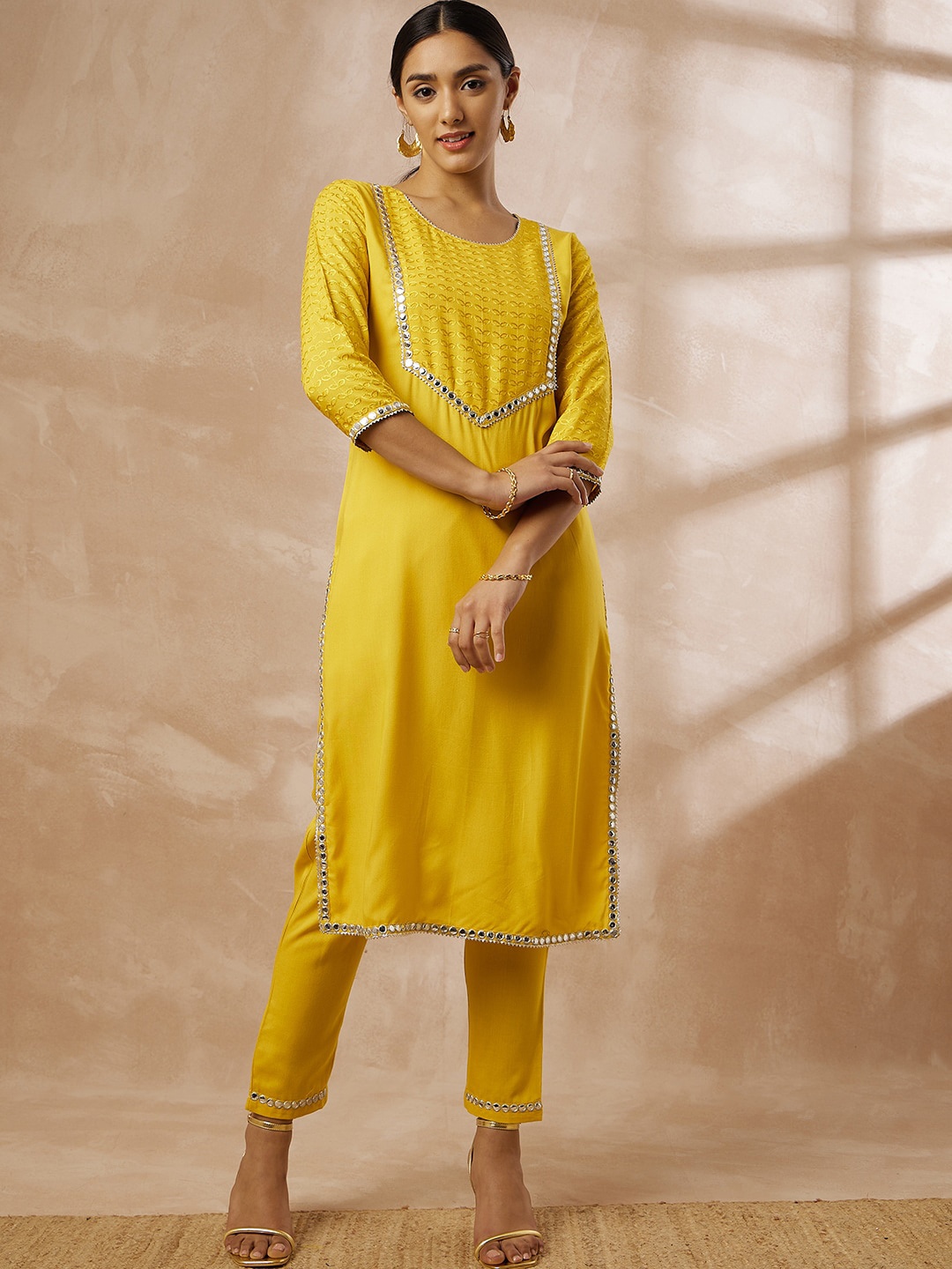 

all about you Floral Yoke Design Mirror Work Regular Kurta with Trousers, Yellow