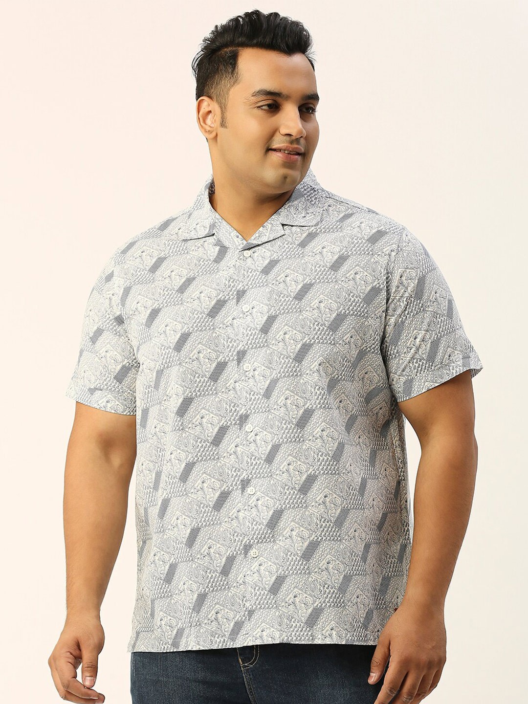 

Sztori Plus Size Classic Ethnic Motifs Printed Pure Cotton Casual Shirt, White