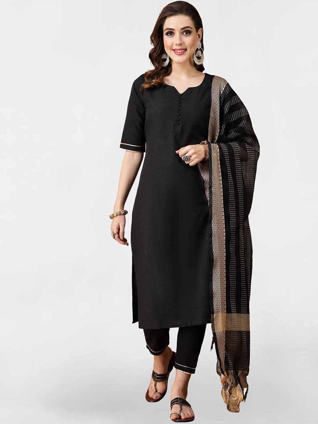 

KALINI Round Neck Kurta With Trousers & Dupatta, Black