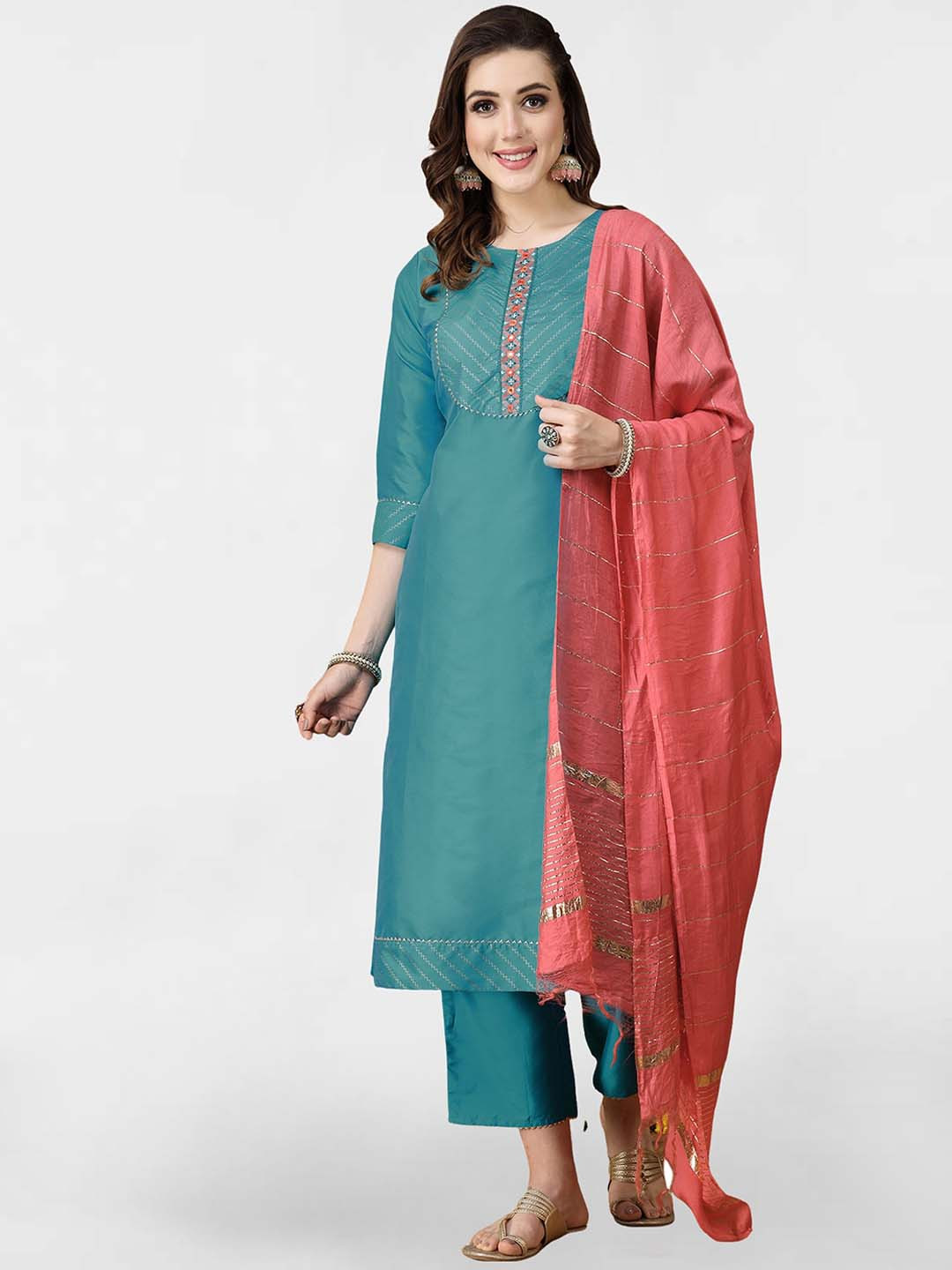 

KALINI Floral Yoke Design Thread Work Kurta With Trousers & Dupatta, Teal