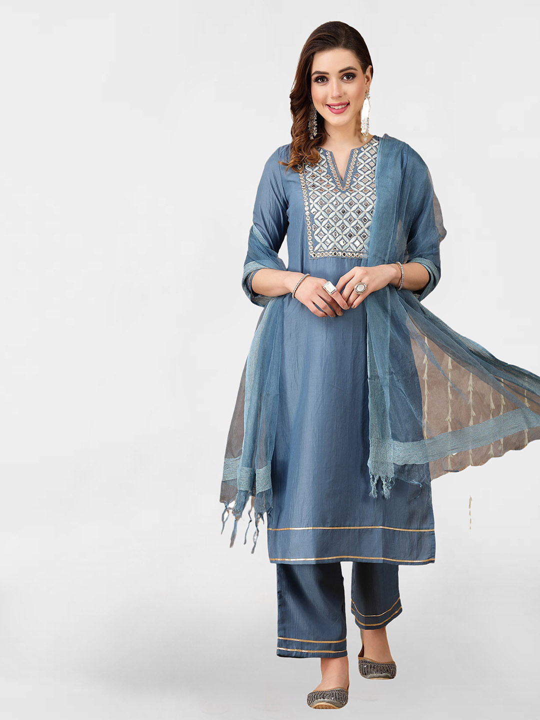 

KALINI Ethnic Motifs Yoke Design Thread Work Straight Kurta & Trousers With Dupatta, Blue