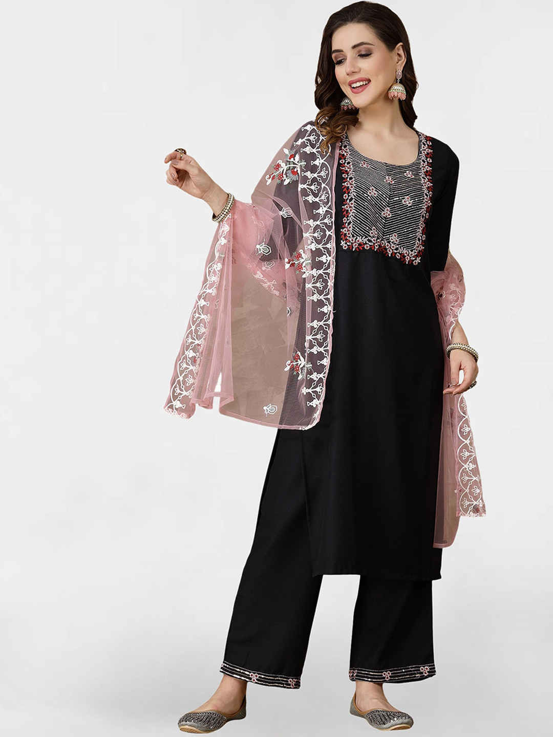 

KALINI Ethnic Motifs Yoke Design Thread Work Straight Kurta & Trousers With Dupatta, Black