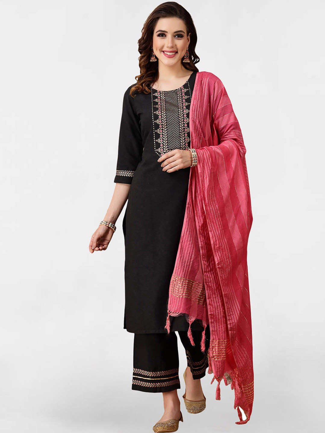 

KALINI Ethnic Motifs Yoke Design Thread Work Straight Kurta & Trousers With Dupatta, Black