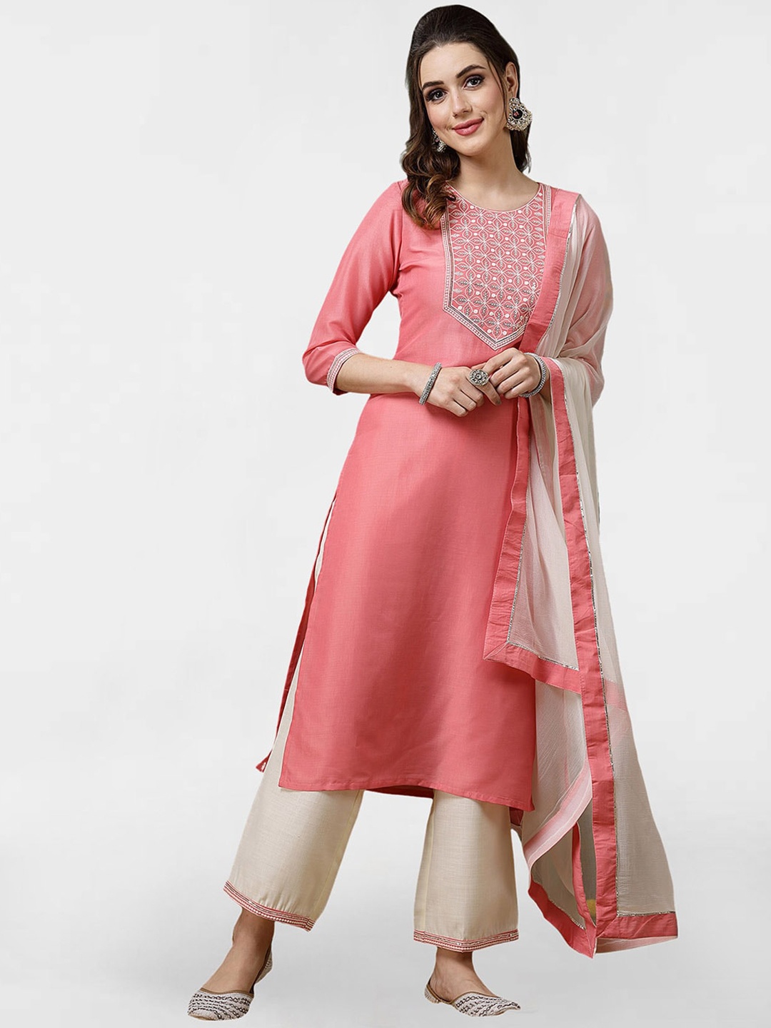 

KALINI Floral Embroidered Yoke Design Sequinned Details Kurta with Trousers & Dupatta, Peach
