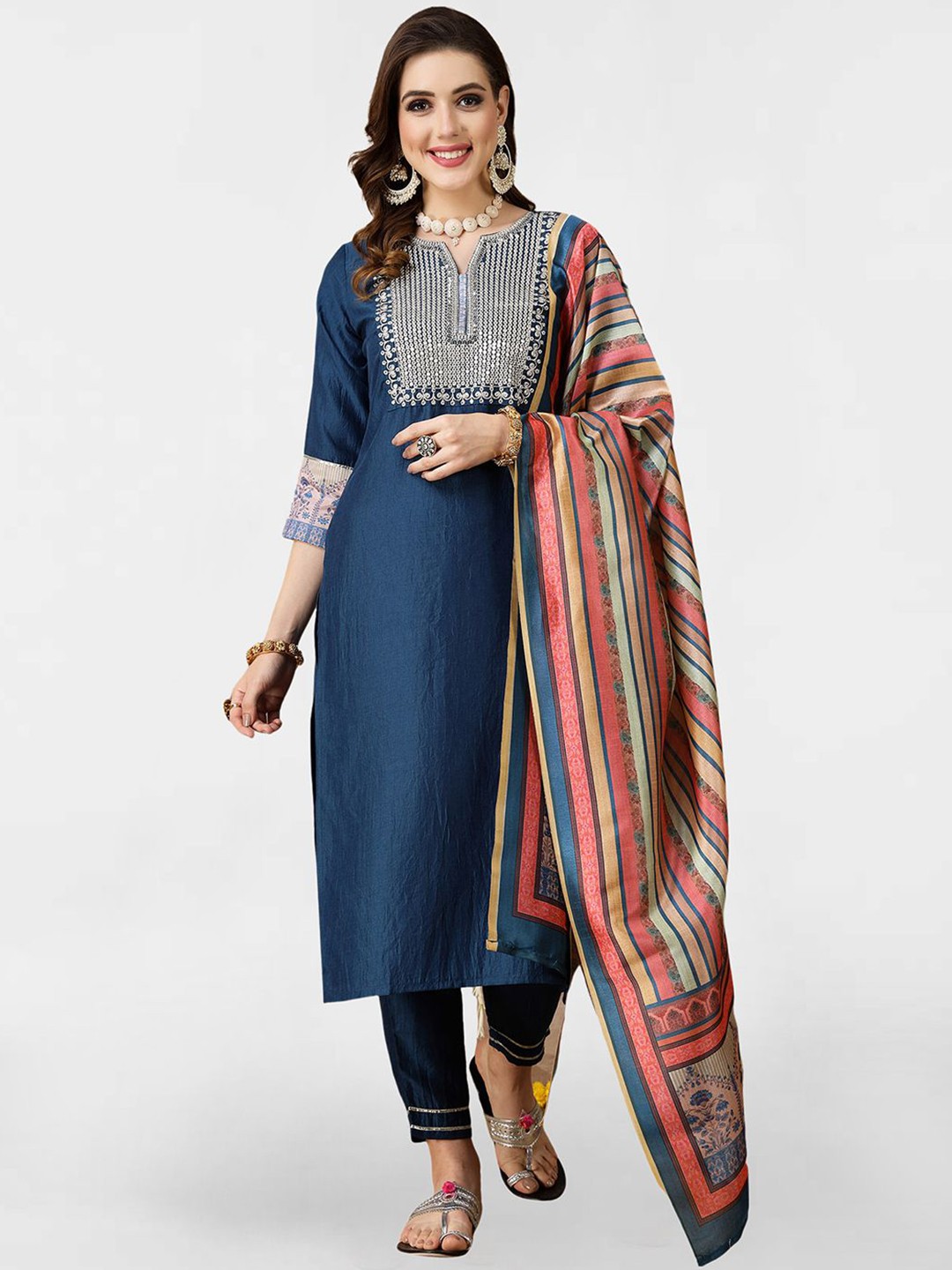 

KALINI Ethnic Motifs Sequinned Embellished Yoke Design Kurta with Trousers & Dupatta, Blue