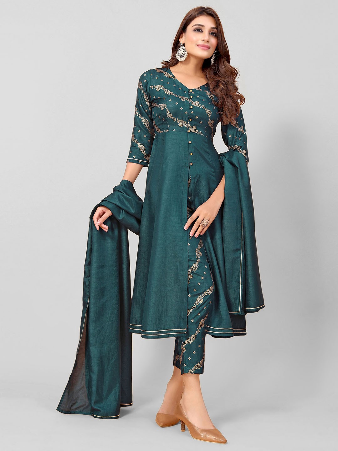 

KALINI Floral Printed Regular Kurta with Trousers & Dupatta, Teal