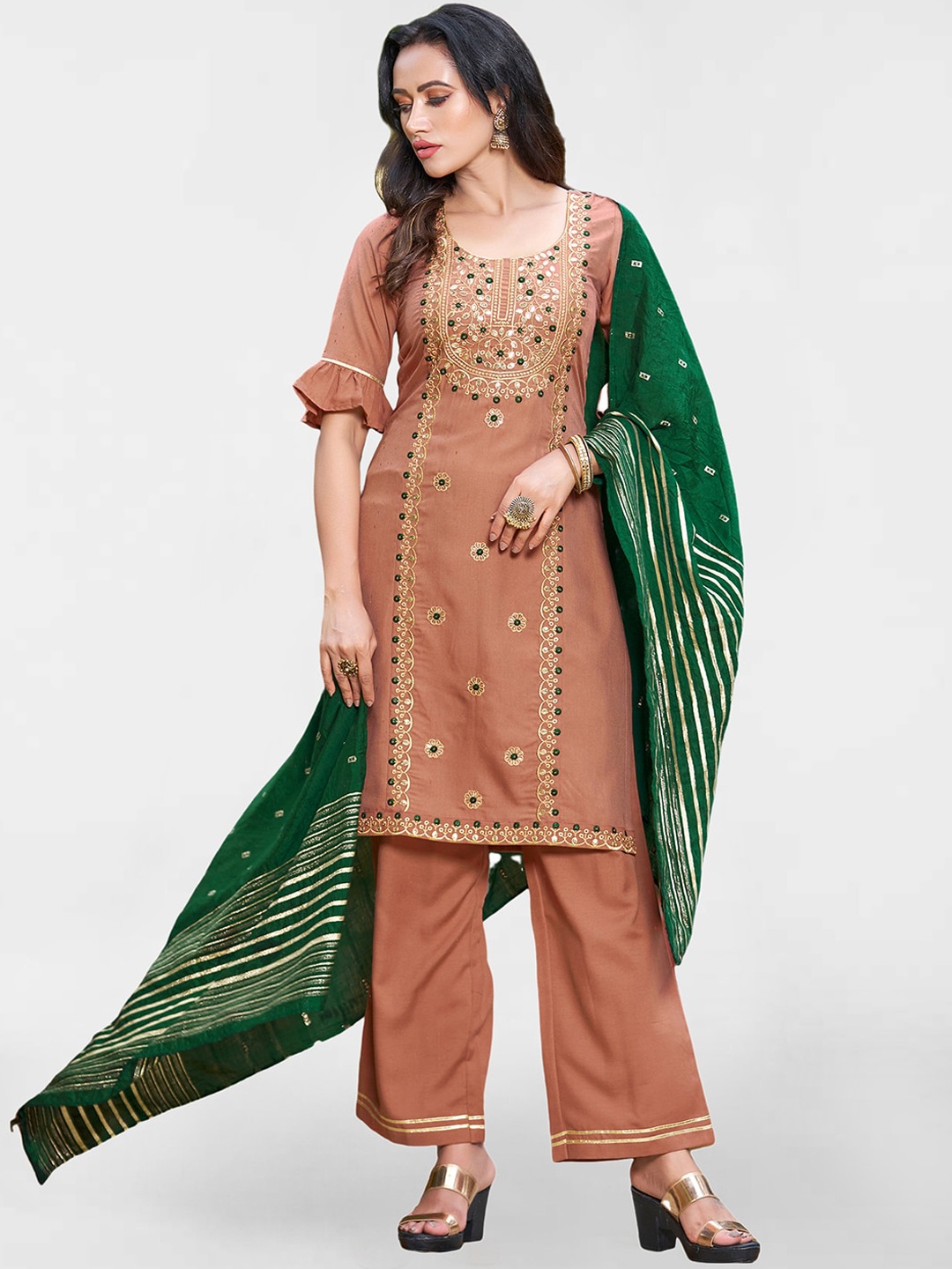 

KALINI Floral Embroidered Regular Thread Work Kurta with Trousers & Dupatta, Brown