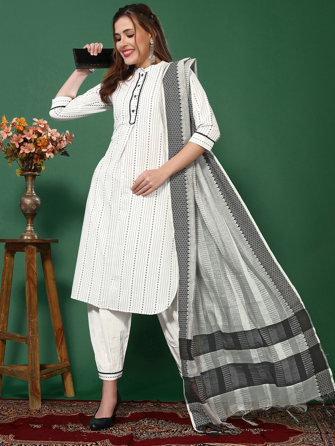 

KALINI Striped Woven Design Regular Kurta with Salwar & Dupatta, White