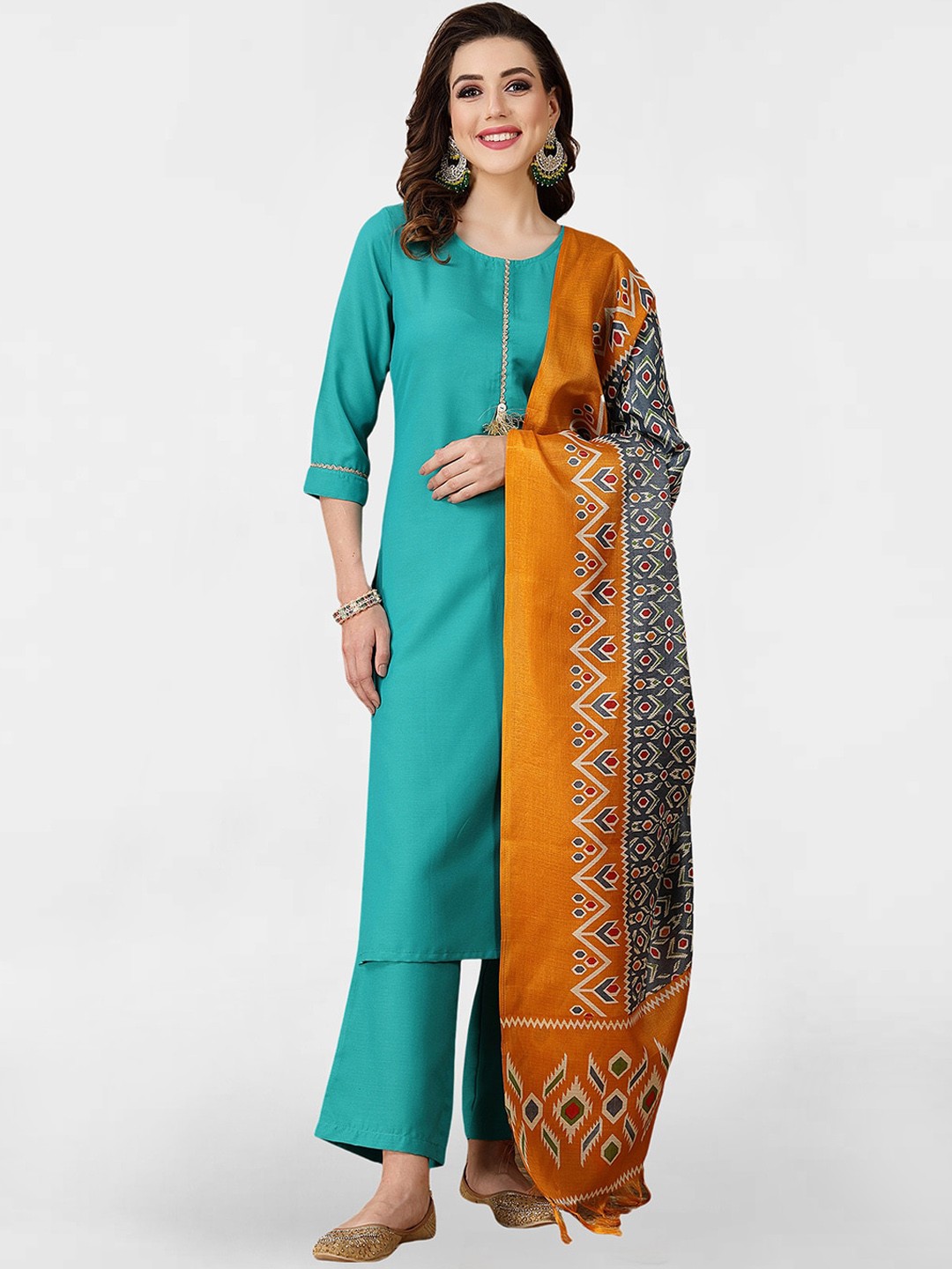 

KALINI Zari Details Regular Kurta with Trousers & Printed Dupatta, Turquoise blue