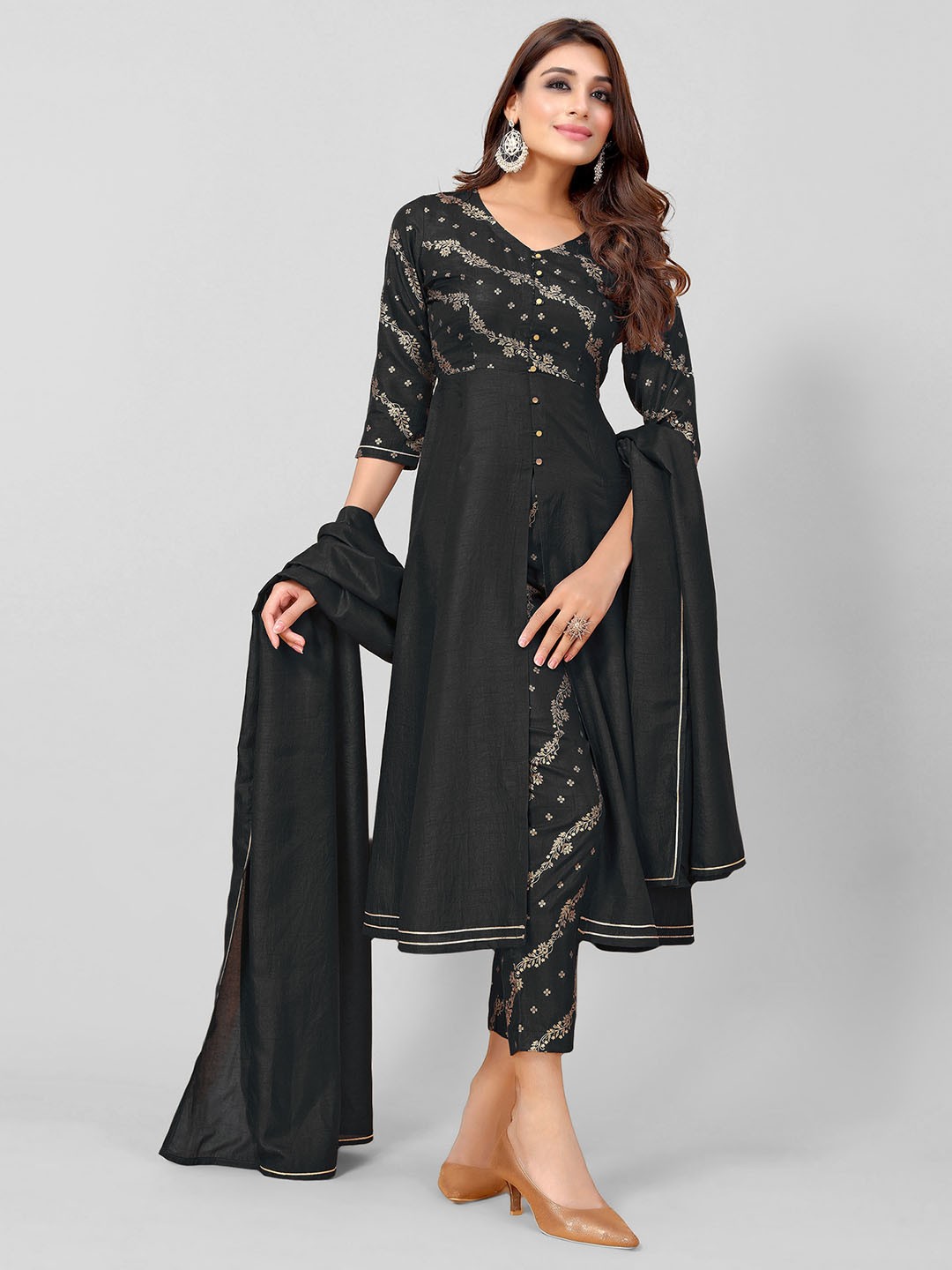 

KALINI Floral Printed A-Line Kurta with Trousers & With Dupatta, Black