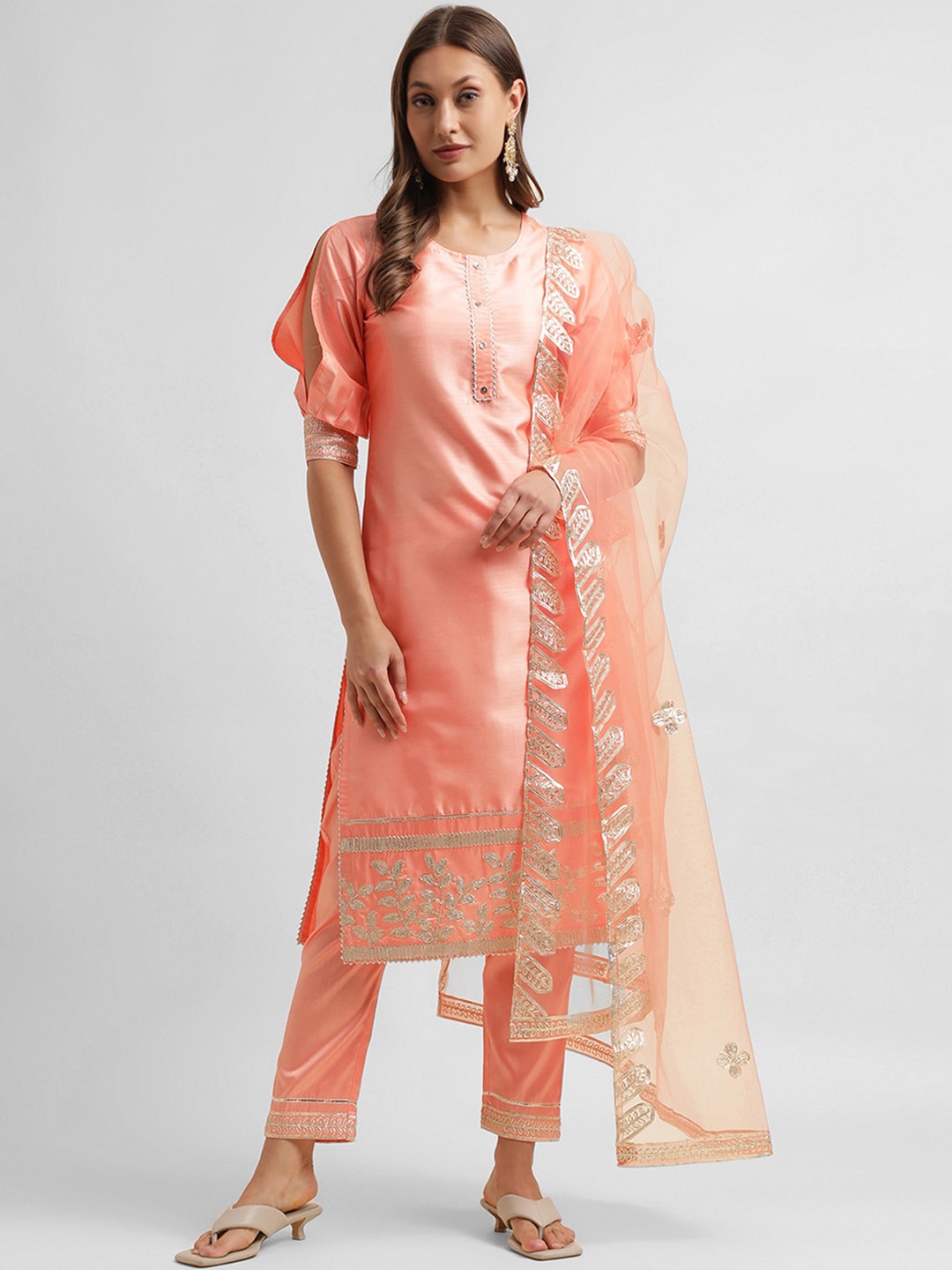 

KALINI Floral Embroidered Regular Thread Work Kurta with Trousers & With Dupatta, Peach