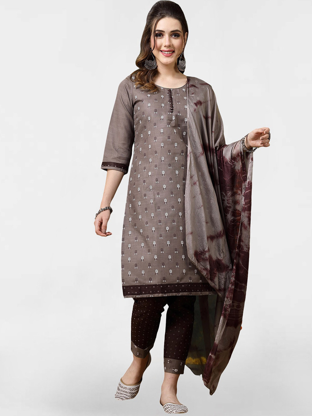 

KALINI Floral Printed Regular Kurta with Trousers & With Dupatta, Grey
