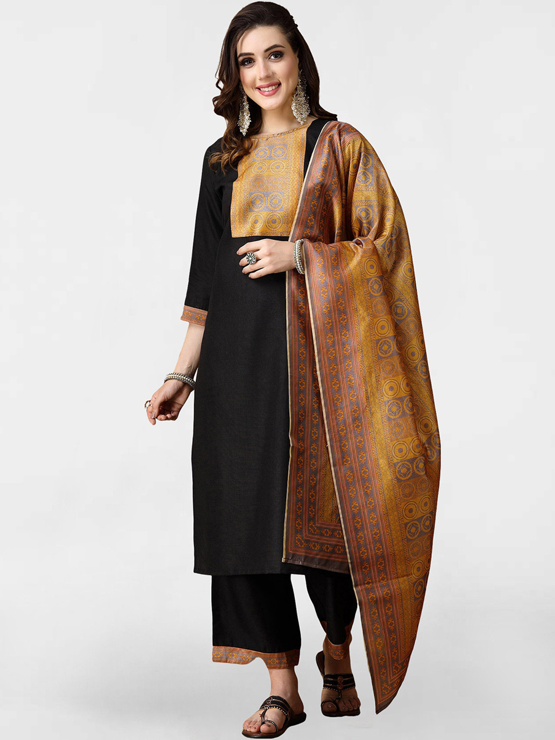 

KALINI Ethnic Motifs Yoke Design Regular Kurta with Trousers & With Dupatta, Black