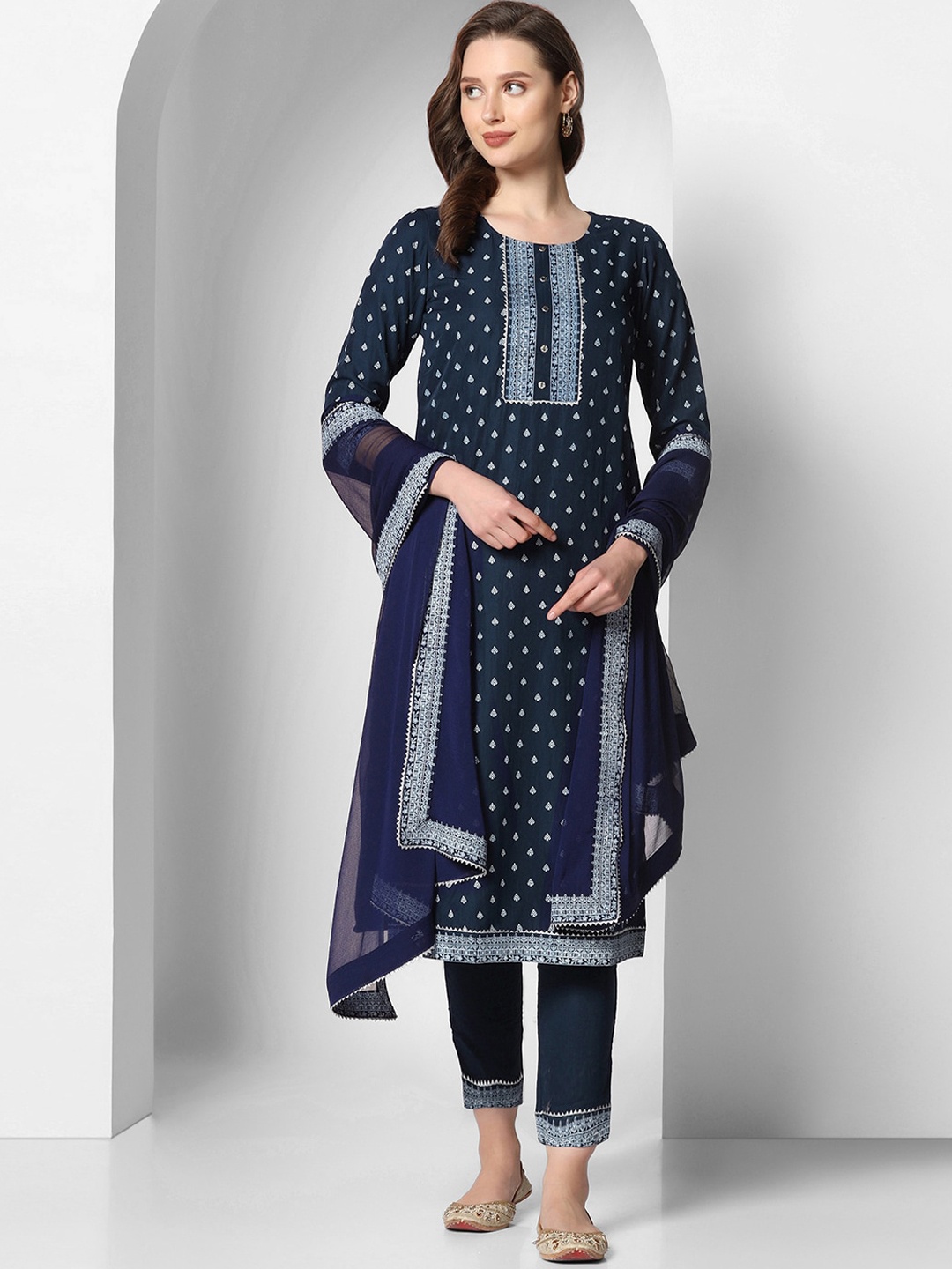 

KALINI Floral Printed Regular Kurta with Trousers & With Dupatta, Navy blue