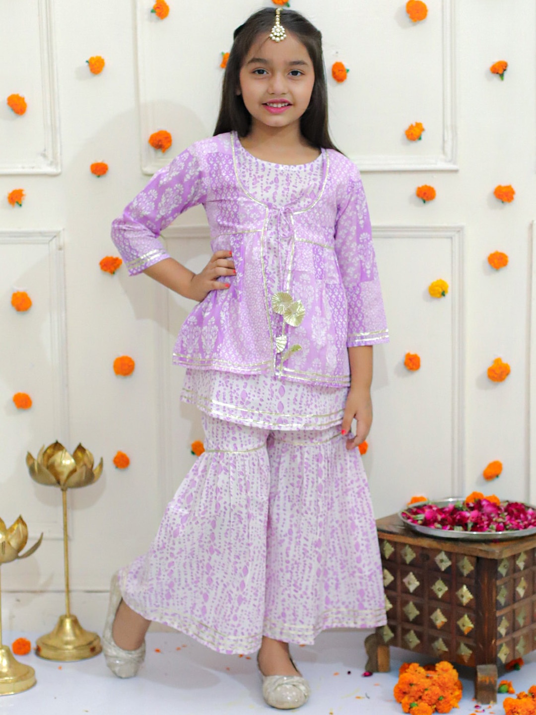 

Ka-mee Girls Yellow Floral Printed Regular Pure Cotton Kurti With Sharara with Jacket, Lavender