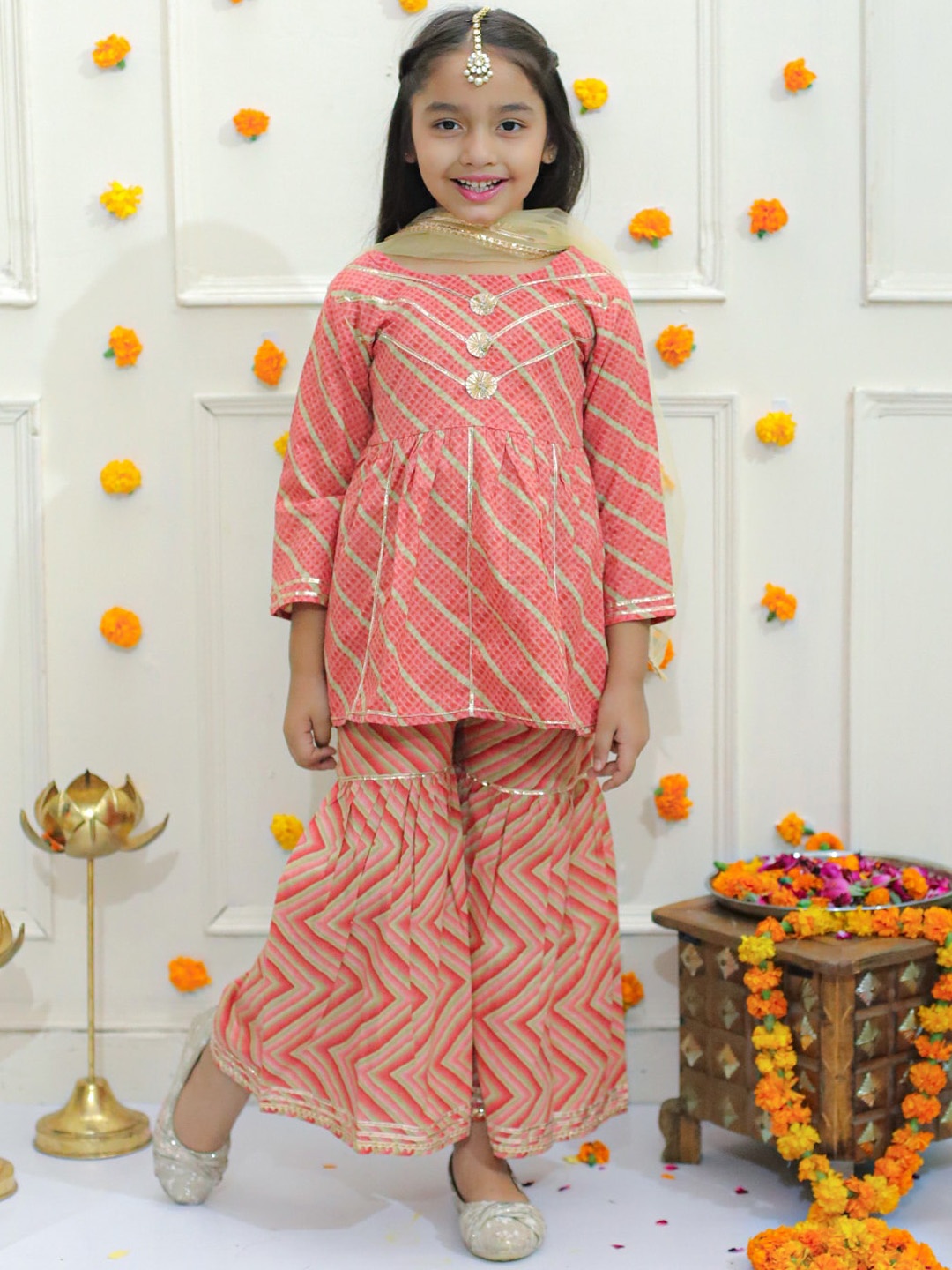 

Ka-mee Girls Striped Printed Regular Gotta Patti Pure Cotton Kurti with Sharara & Dupatta, Peach