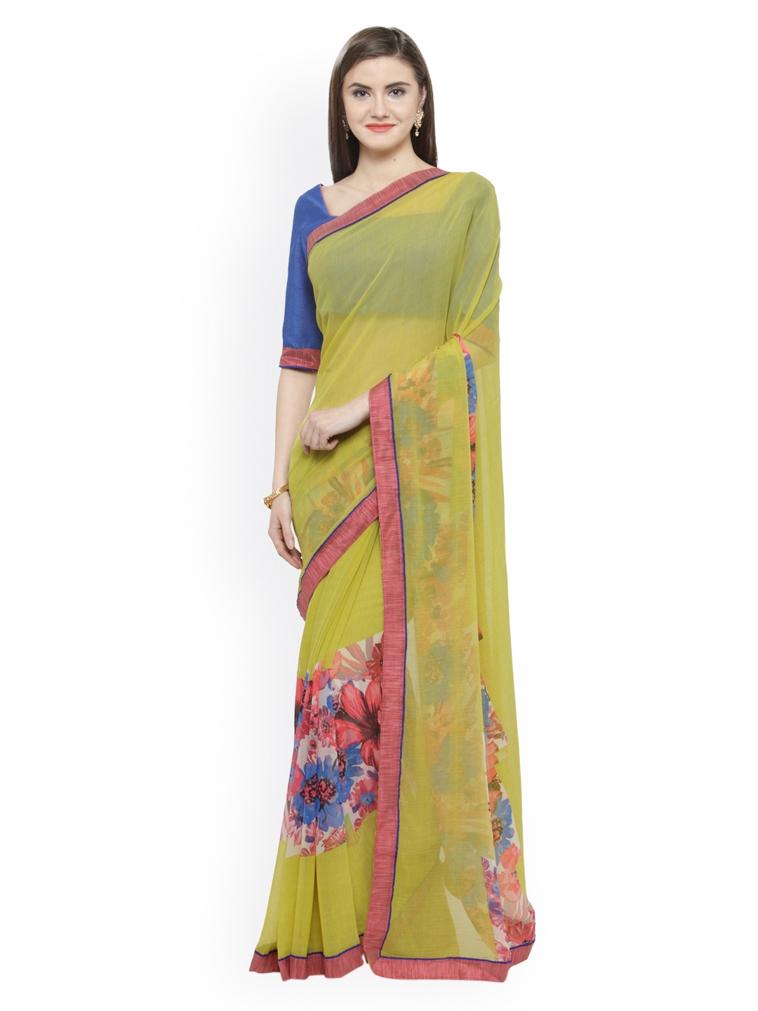 

Shaily Yellow & Pink Pure Georgette Printed Saree