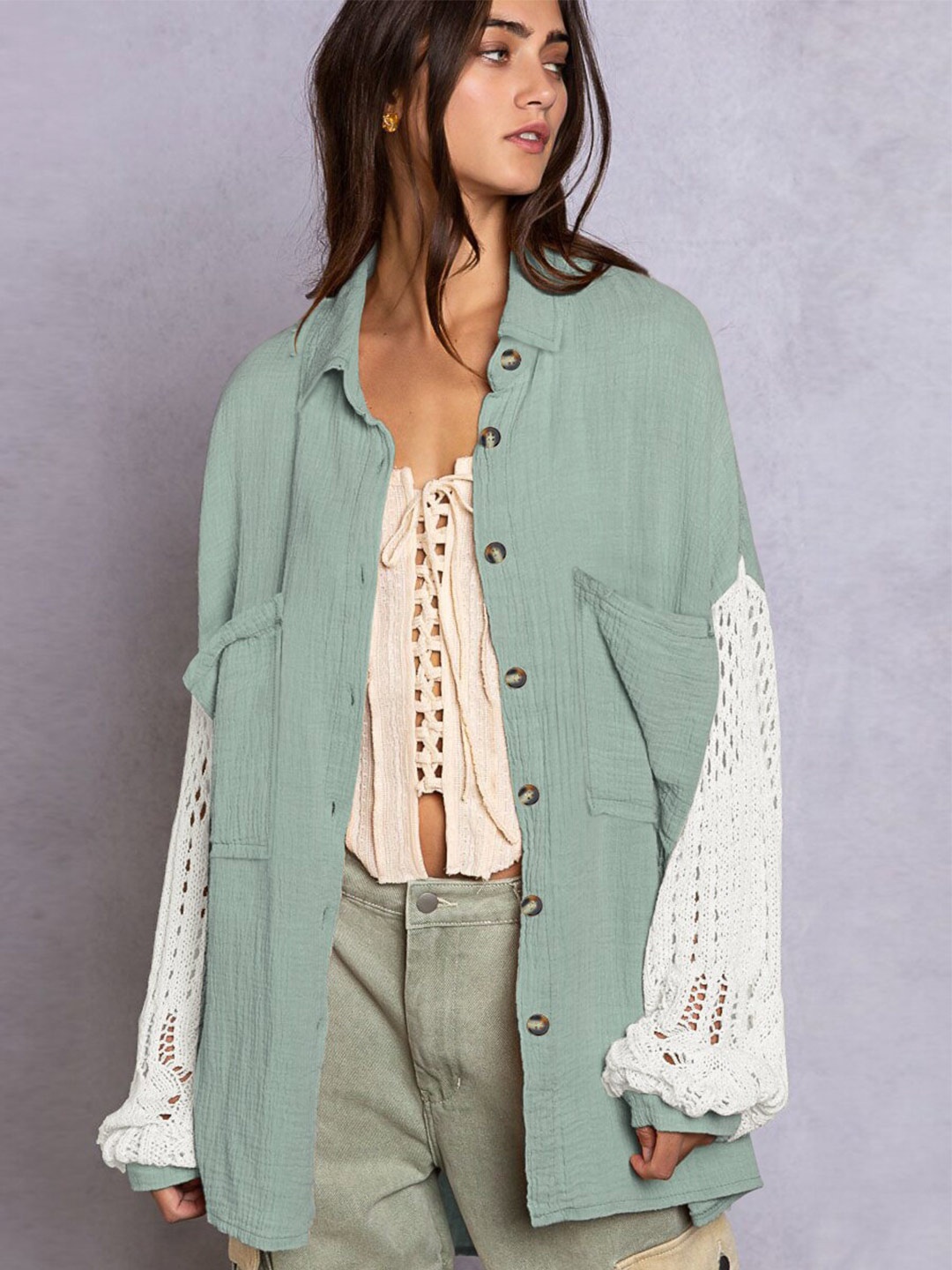 

StyleCast Green Self Design Seersucker Weave Casual Shirt