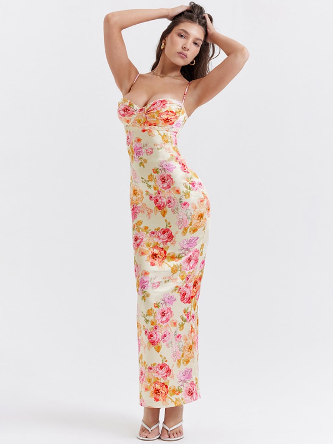 

StyleCast Off White Floral Printed Sweetheart Neck Shoulder Straps Maxi Dress