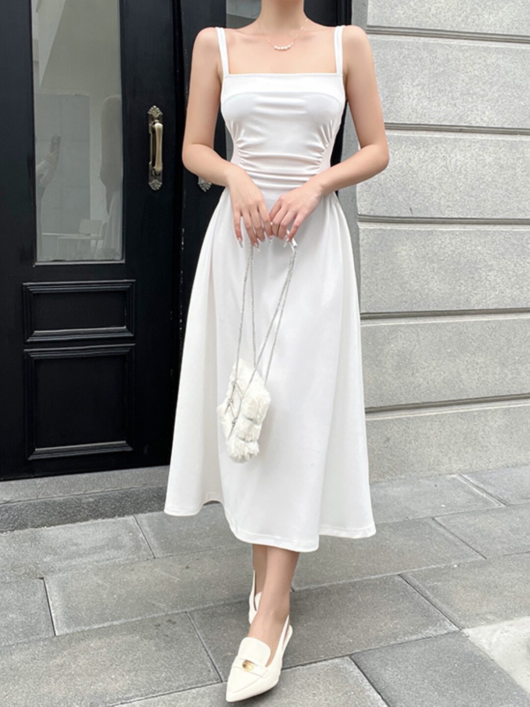 

StyleCast White Square Neck A-Line Midi Dress