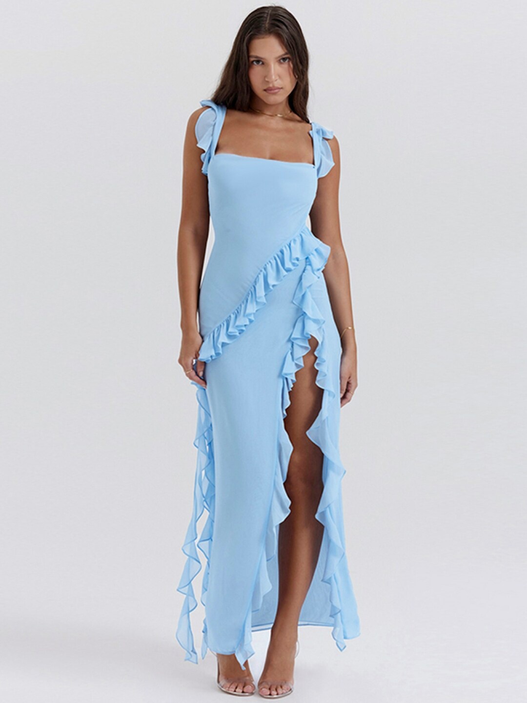 

StyleCast Blue Shoulder Straps Ruffled Maxi Dress