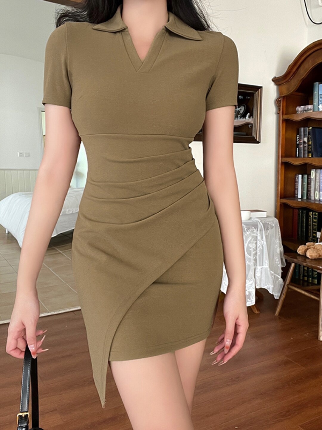 

StyleCast Khaki Shirt Collar Short Sleeves Pleated Mini Sheath Dress