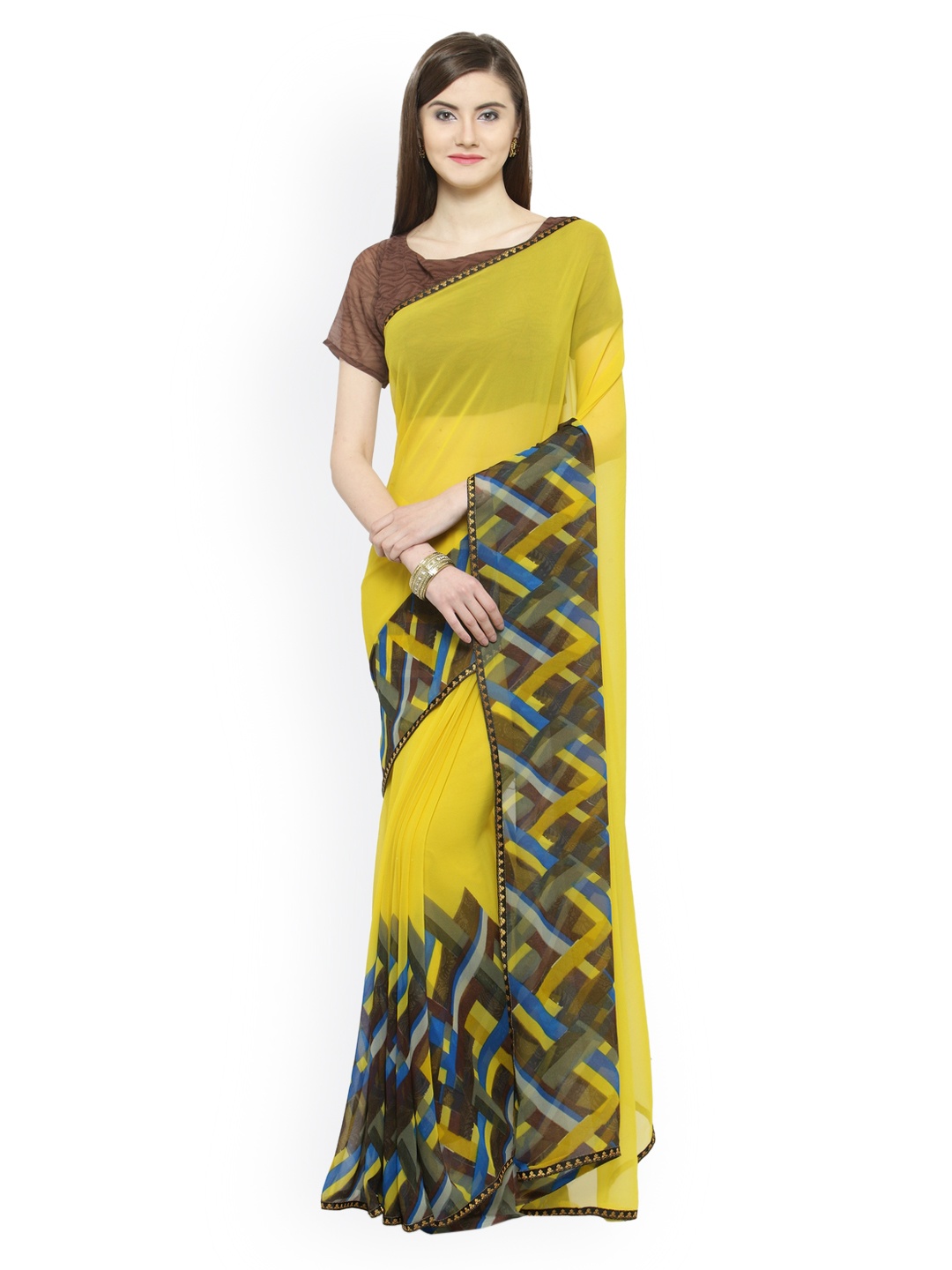 

Shaily Yellow Printed Pure Georgette Saree
