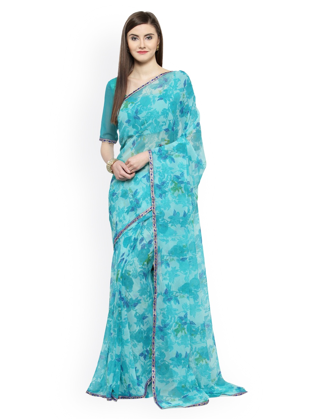

Shaily Turquoise Blue Printed Pure Georgette Saree