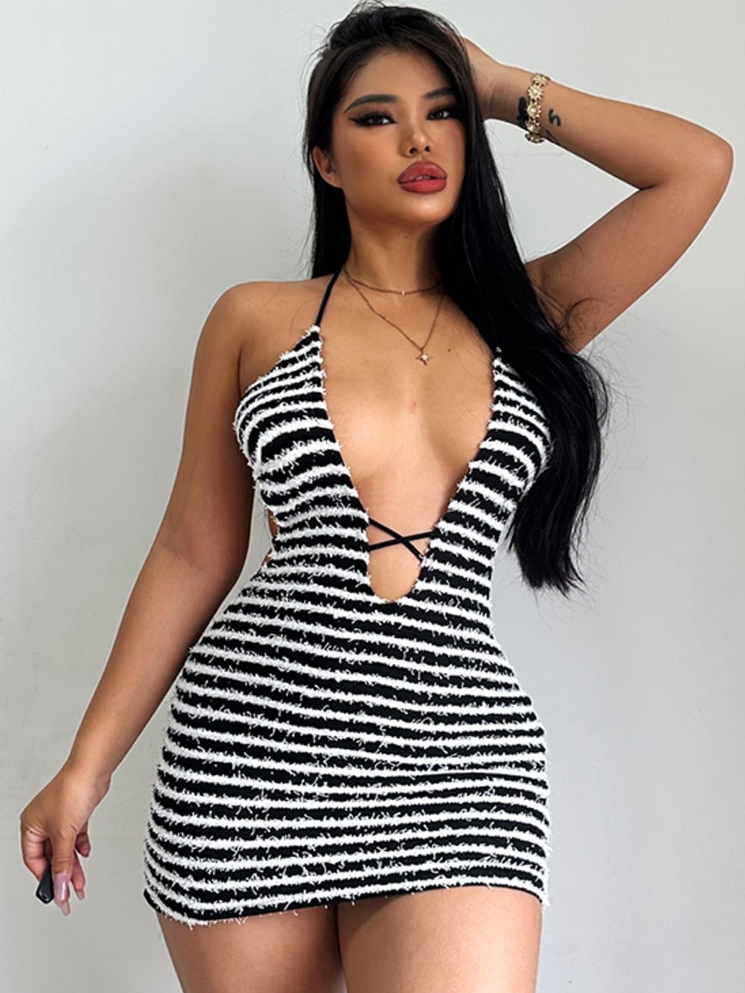 

StyleCast Black & White Striped Halter Neck Bodycon Mini Dress