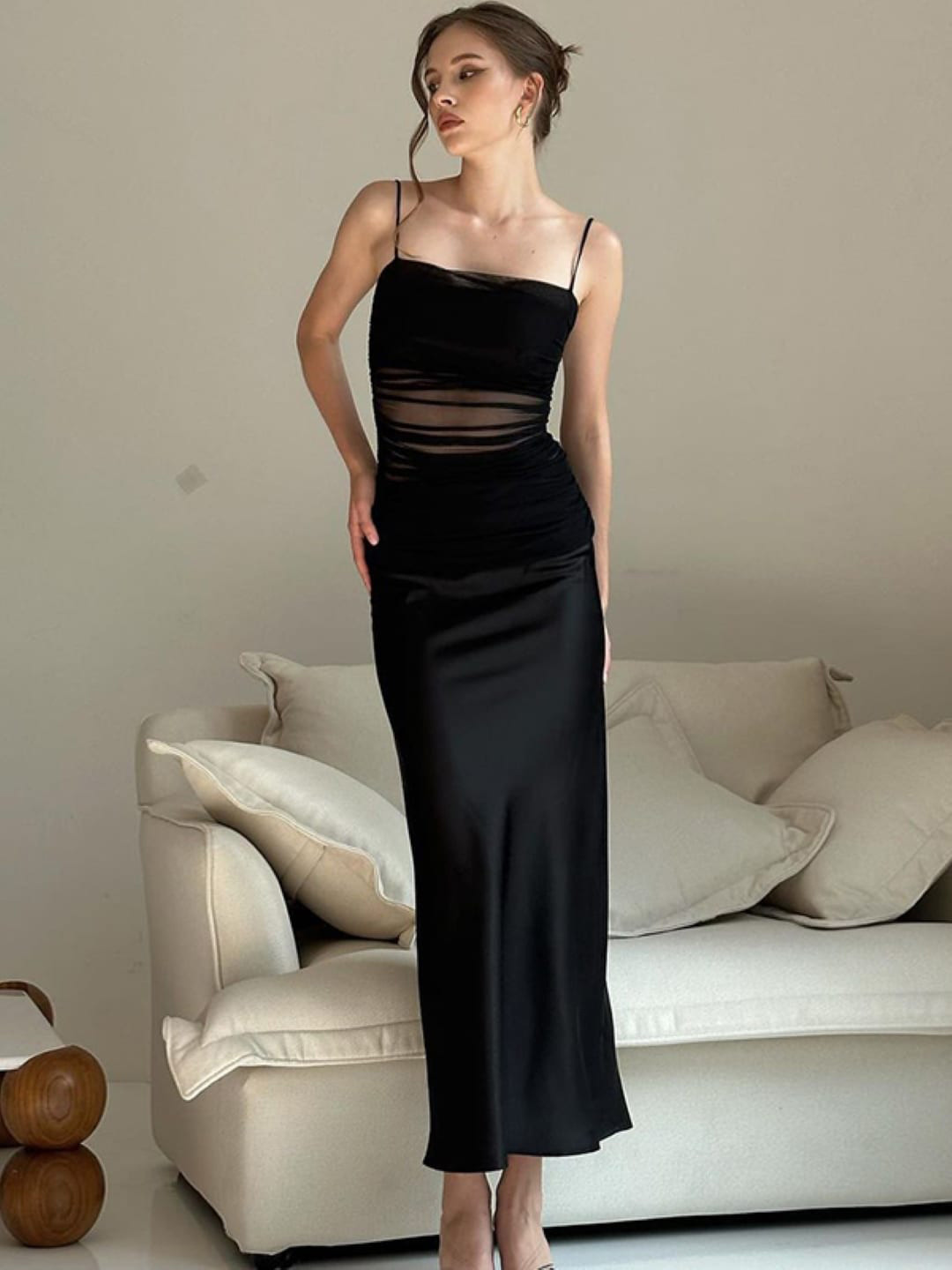 

StyleCast Black Shoulder Strap Gathered Maxi Dress